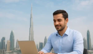 A professional man in a light blue shirt works on a laptop with the Dubai skyline in the background, symbolizing hiring trends and career growth in the UAE job market.