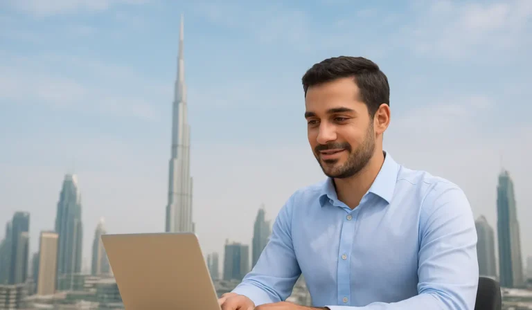 A professional man in a light blue shirt works on a laptop with the Dubai skyline in the background, symbolizing hiring trends and career growth in the UAE job market.