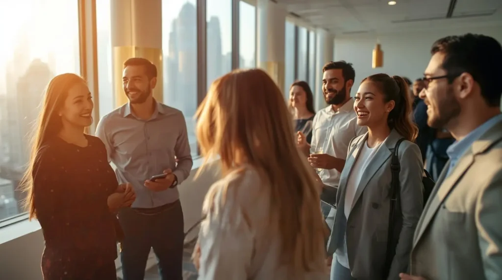 Group of young professionals networking in a Dubai office, discussing career opportunities and UAE job search strategies